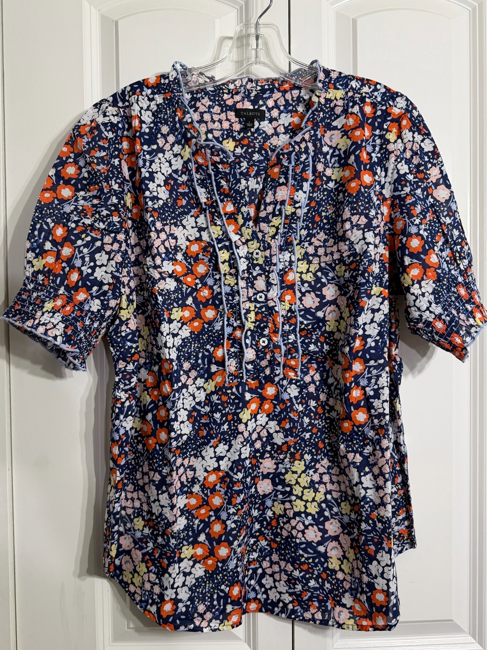 Talbots Women's Navy & Orange  Floral Pattern V-Neck Blouse Size L